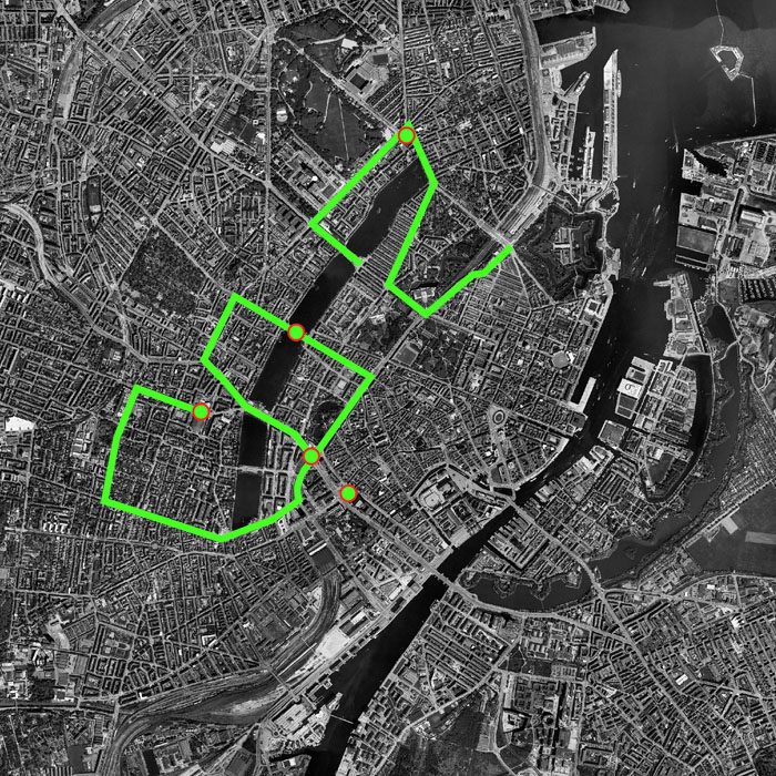 Map of Copenhagen with a GPS route spelling CO2