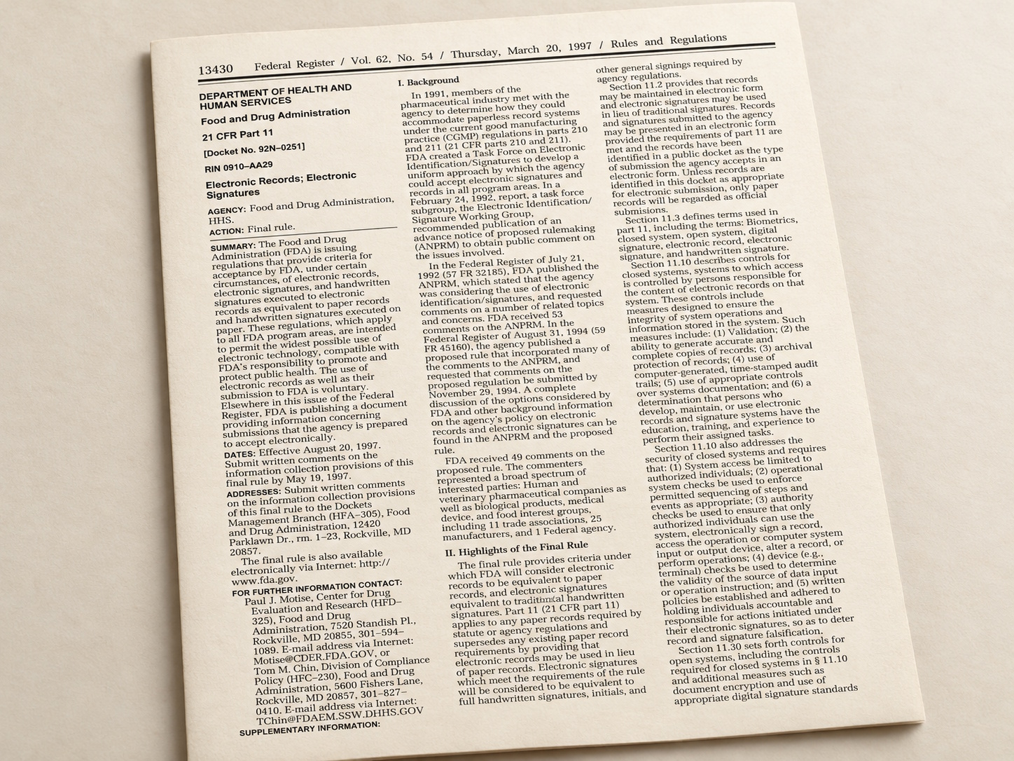 Illustration of the first page of the FDA's final rule on electronic records and electronic signatures, 21 CFR Part 11, as printed in the Federal Register on 20 March 1997