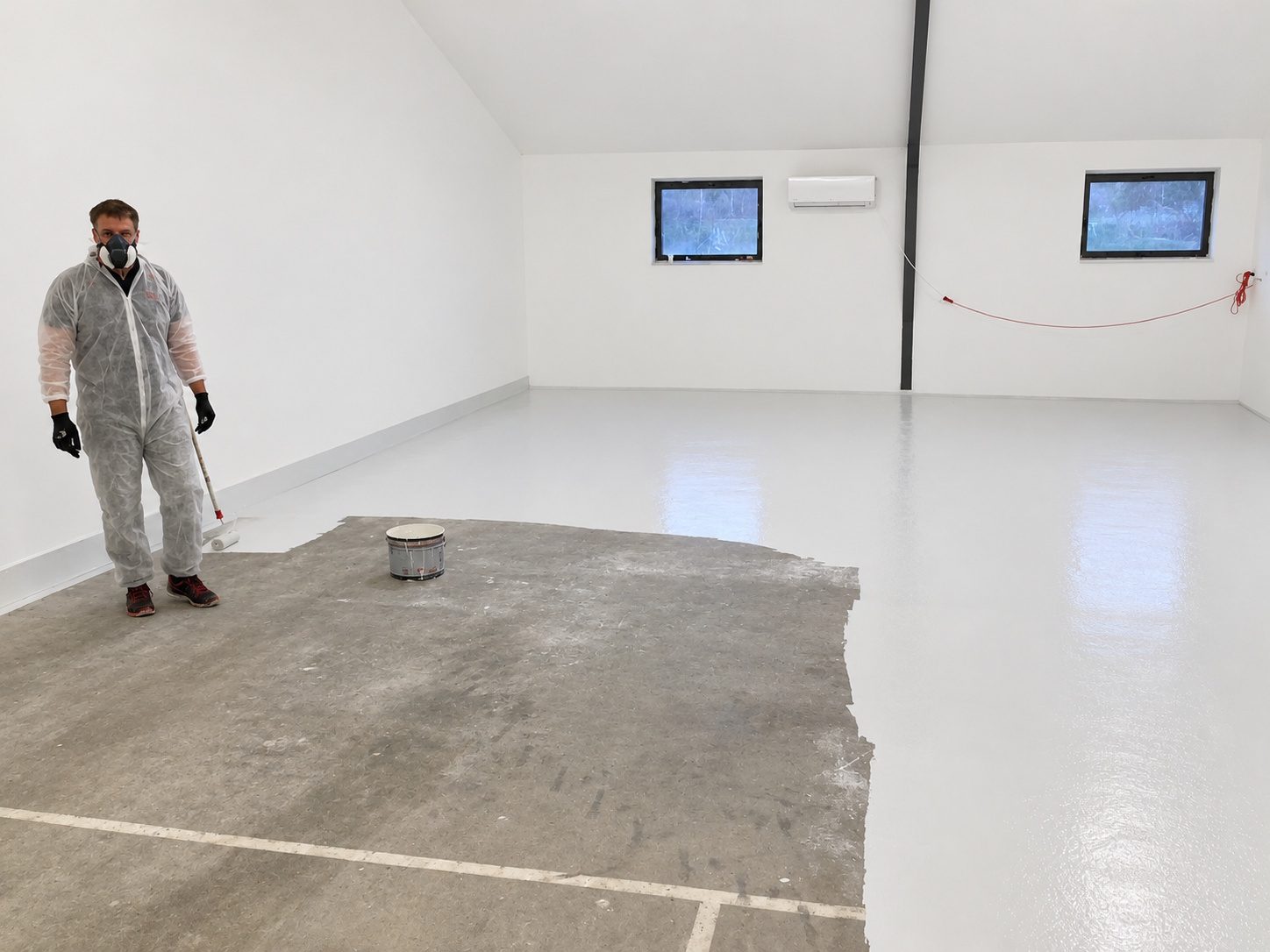 In coveralls and a respirator, halfway through rolling epoxy onto the concrete floor of the old pigsty