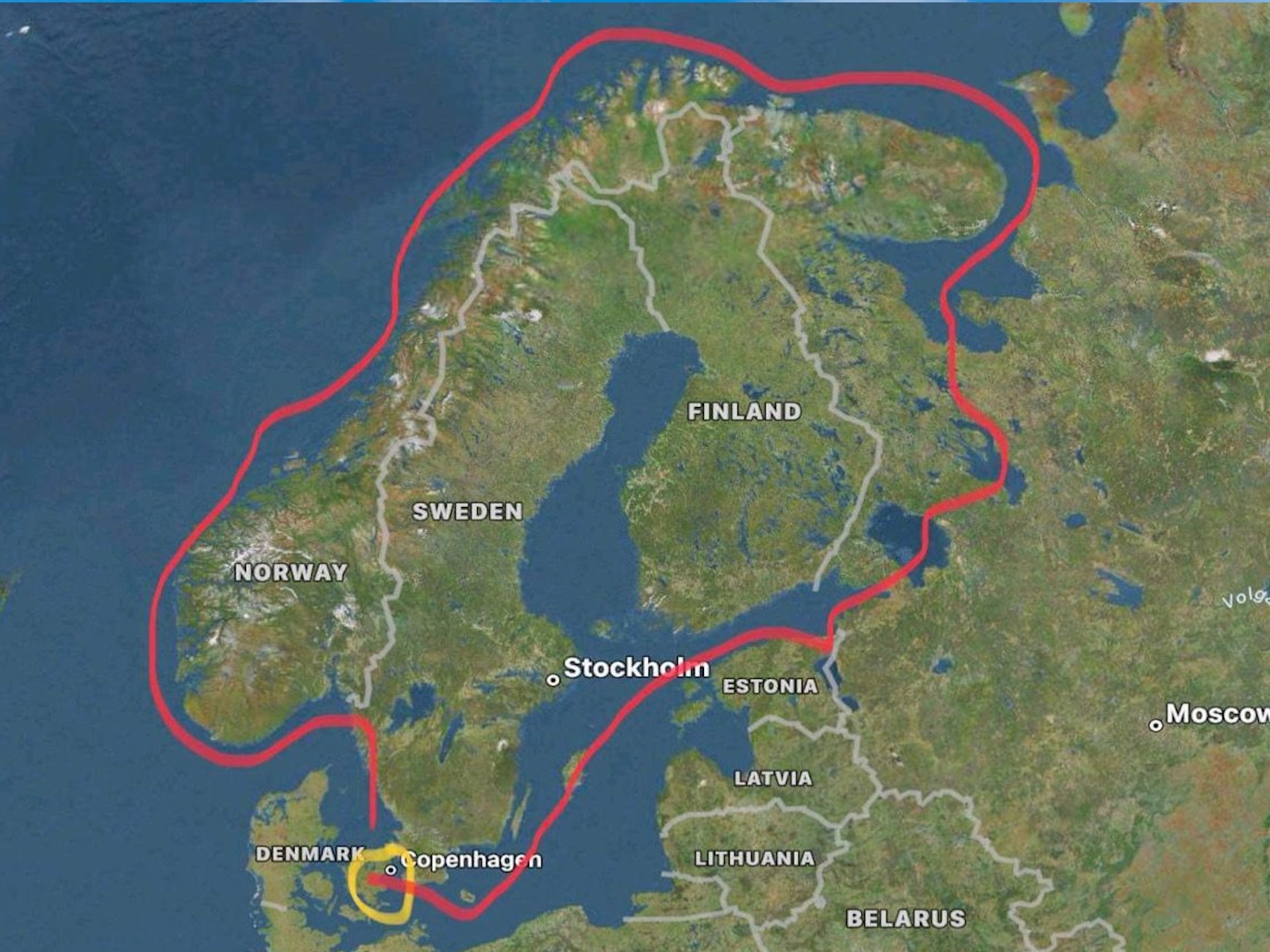 Satellite map of Scandinavia with a red line tracing the route from Copenhagen through the Baltic, Russia's inland waterways, around the North Cape and back along the Norwegian coast
