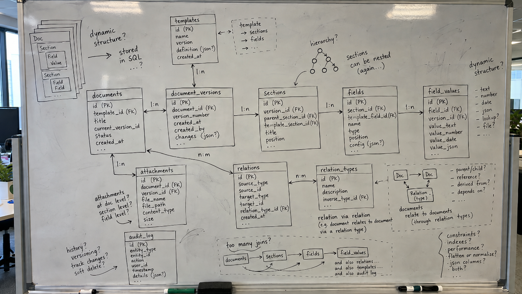 Illustration of a hand-drawn database schema on a whiteboard, with tables for documents, versions, sections, fields and field values, and question marks about nesting, joins and performance